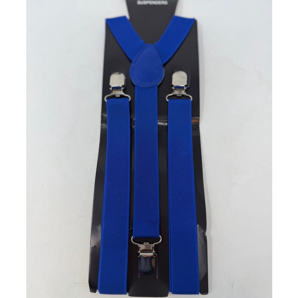 Royal Blue Y-Back Suspenders with Elastic Straps Three Silver-toned Clips